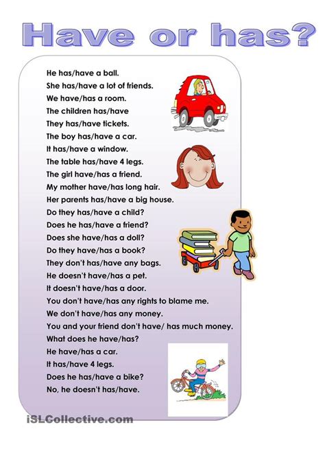 Have Or Has Grammar Worksheets English Worksheets For Kids English