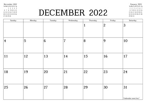 Printable Monthly Calendar December 2022