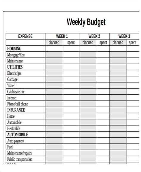 Printable Weekly Budget Template