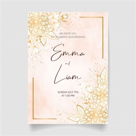 An Elegant Wedding Card With Gold Flowers