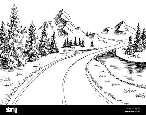 Mountain Bridge River Graphic Black White Landscape Sketch Illustration
