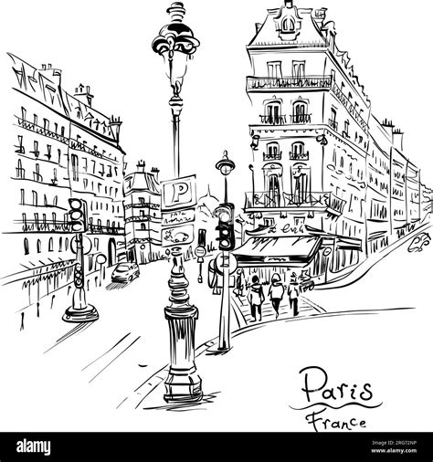 Vector Hand Drawing Paris Street With Traditional Houses And Lanterns