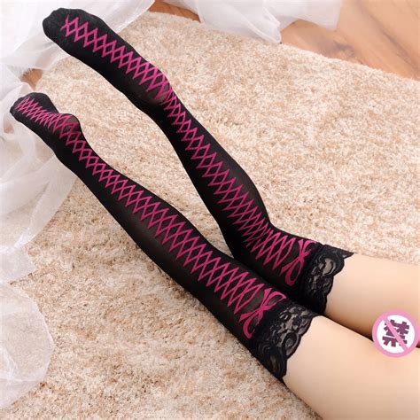 new print bow stripes lace sexy women over knee stockings thin nylon tights nightclub girls