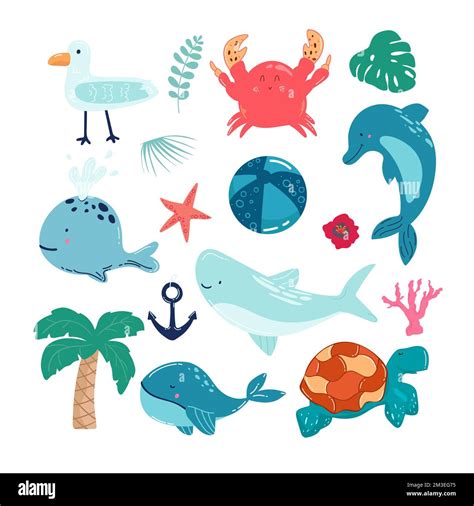 Cartoon Sea Animals Cute Ocean Fish Octopus Shark And Turtle