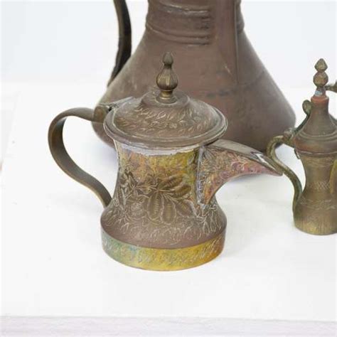 Set Of 5 Middle Eastern Brass And Copper Dallah Teapots