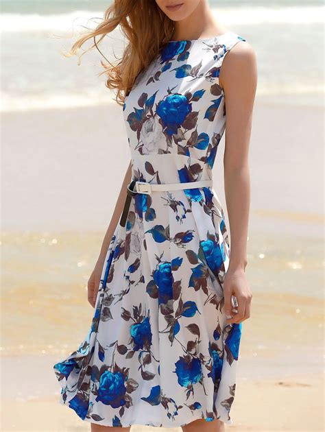 Blue Vintage Sleeveless Floral Printed Belted Dress
