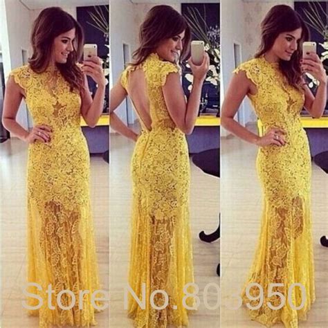 Buy Yellow Lace Prom Dress Cap Sleeve Backless Vestido