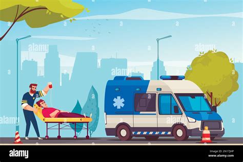 emergency cartoon poster with er doctor rescuing sick man vector illustration stock vector image