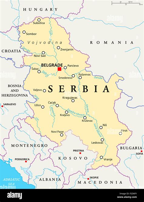 Serbia Mapa Político Con Capital Belgrado Las Fronteras Nacionales