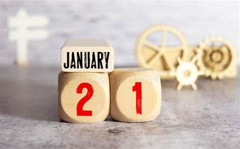 January 21st January 21 Wooden Cube Calendar With Blur Objects On