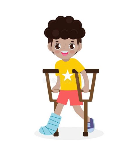 Sad Boy With Broken Leg Standing With Crutches Vector Illustration On A