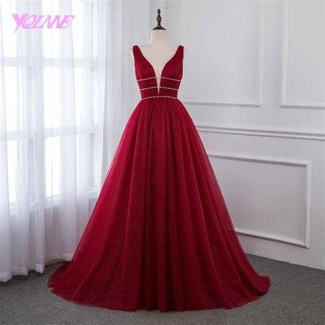 Yqlnne Wine Red Prom Dresses Bling Tulle Deep V Neck Crystals 2019