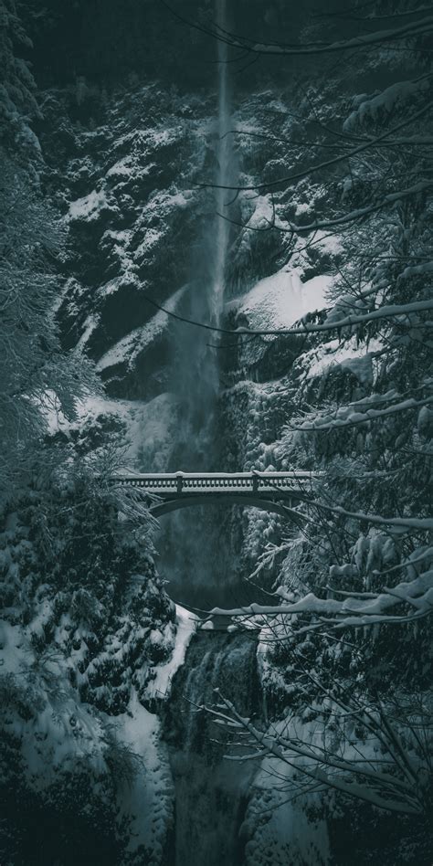 Download Wallpaper 1080x2160 Winter Bridge Waterfall Snowfall Honor