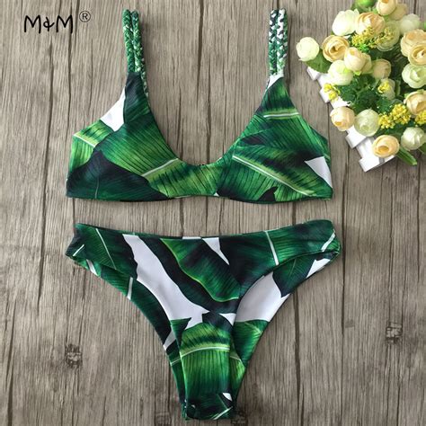 Mandm 2017 Triangle Bikini Set Leaf Swimwear Women Print Sexy Brazilian