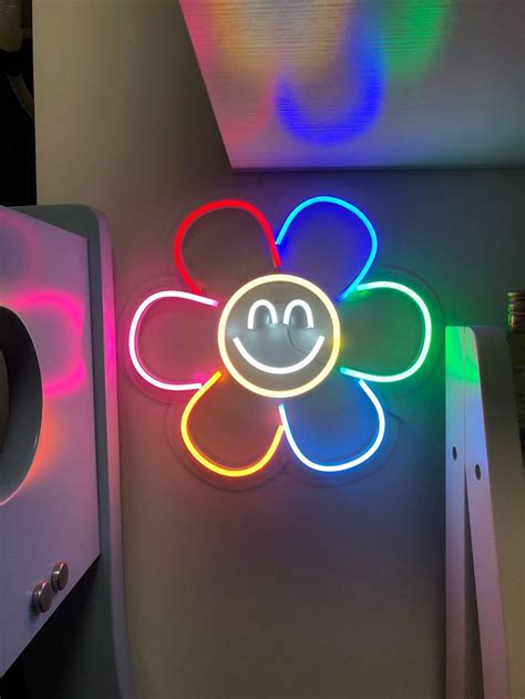 Smiley Face Neon Sign Flower Neon Sign With Acrylic Plate Usb Etsy