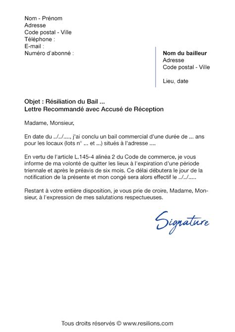 Mod Le R Siliation Bail Professionnel Lettre R Siliation Bail