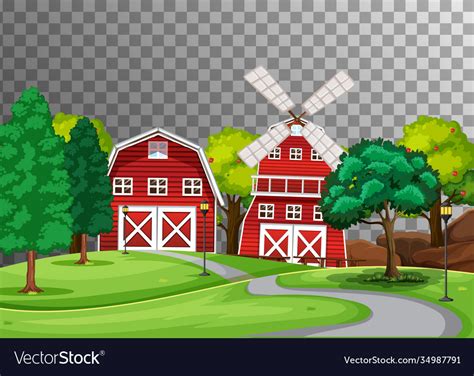 Farm With Red Barn And Windmill On Transparent Vector Image