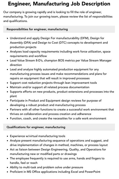 Engineer Manufacturing Job Description Velvet Jobs