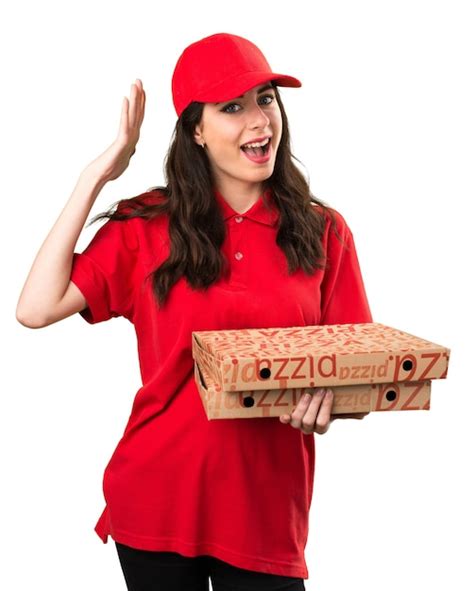 premium photo pizza delivery woman making surprise gesture