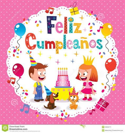 Feliz Cumpleanos Happy Birthday In Spanish Kids Card Stock Vector