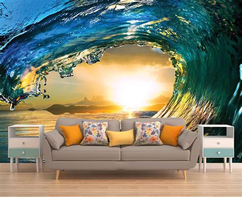 Wave Wall Decal Sunset Wall Mural Peel And Stick Vinyl Etsy 3d Wall