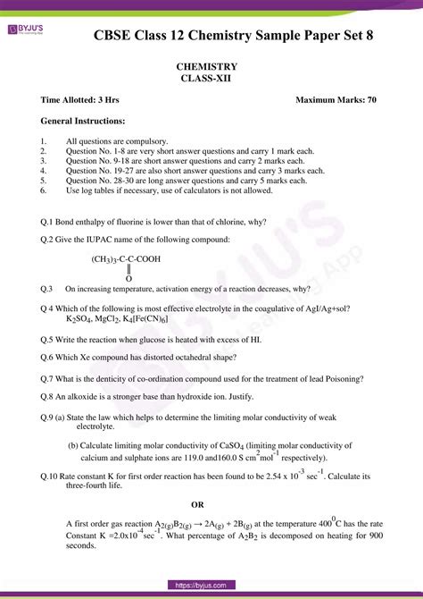 These class 12 sample papers and 12th grade sample question papers are prepared in accordance with the latest syllabus and guidelines that are issued by the central board. CBSE Class 12 Chemistry Sample Paper Set 8 - Download Now!