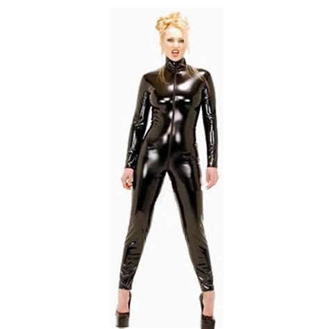 s xxl pvc sexy latex catsuit women black shiny leather jumpsuit zipper bodycon clubwear bodysuit