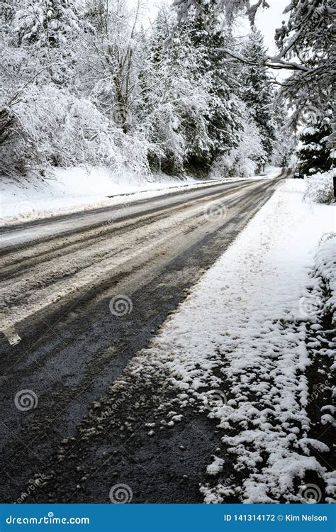 Snow Covered Street With Slushy Tire Tracks Stock Photo Image Of