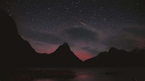 Download Wallpaper 2560x1440 Mountains Peaks Stars Starfall Night