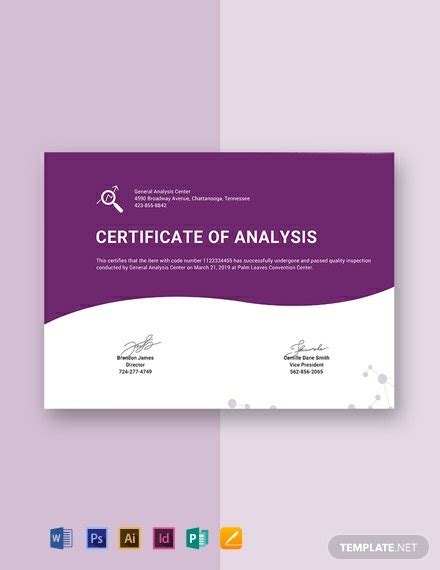 Free Certificate Of Analysis Template Word Psd Indesign Apple