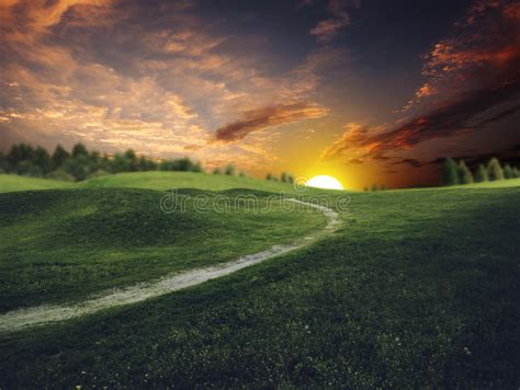 Mystical Sunset Over Summer Green Hills Stock Image Image Of