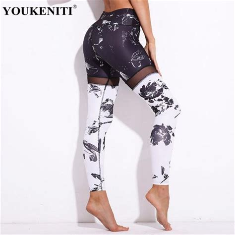 Youkeniti New Brand Printed Yoga Pants Mesh Patchwork Breathable