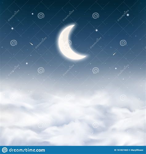 Midnight Sky Background With Crescent Moon Stars Comets