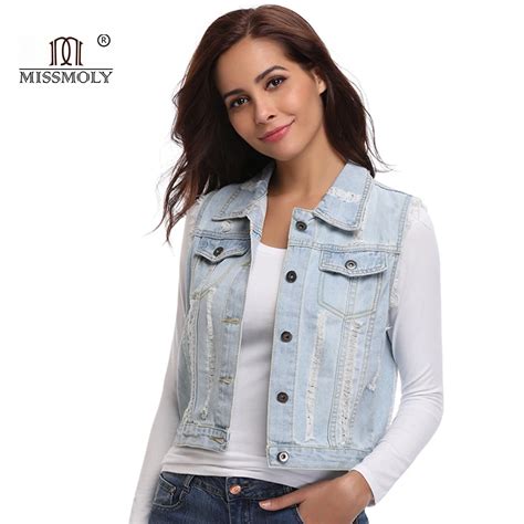 Womens Denim Sleeveless Cotton Jacket Female Ripped Jackets Cowboy Vest