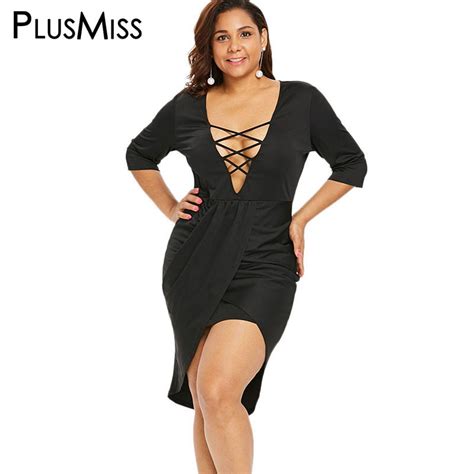Plusmiss Plus Size Sexy Deep V Neck Party Dresses Black Bodycon Lace Up