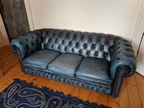 Blue 3 Seat Leather Chesterfield Sofa In Bruntsfield Edinburgh Gumtree