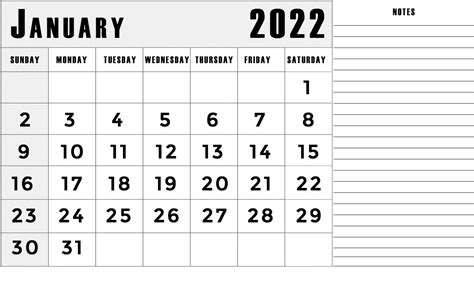 January 2022 Calendar With Notes Best Calendar Example