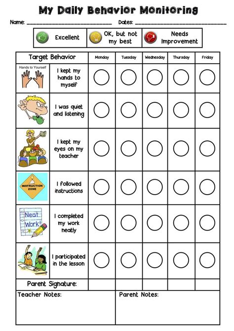 Worksheet For The Daily Behavior Monitoring System With Pictures And