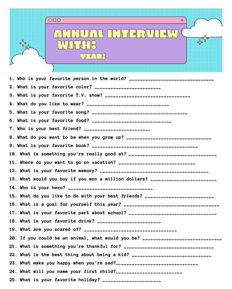 Interview Questions To Ask Your Kids Every Year Free Printable The