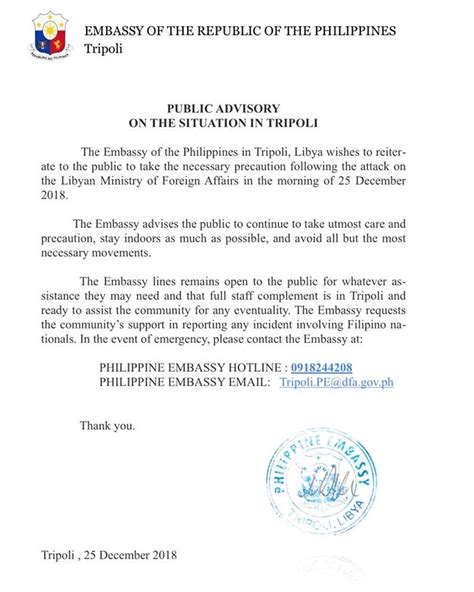 Philippine Embassy advises Filipinos to stay vigilant after Libya