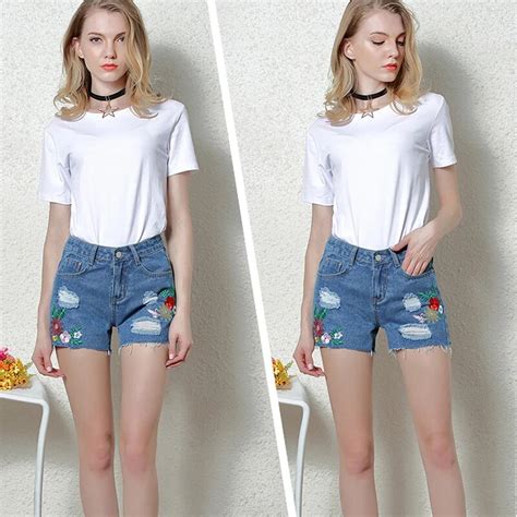 2018 Fashion Newest Embroidery Denim Shorts Floral High Waist Jeans