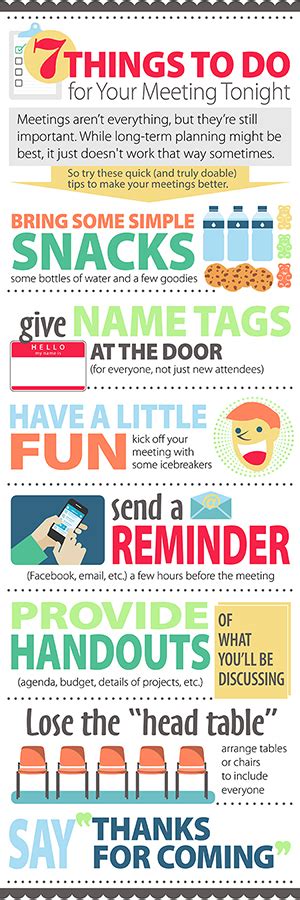 Fun ideas for virtual staff meetings. Infographic: Last-Minute Meeting Tips - PTO Today