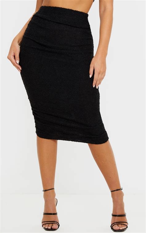 Black Boucle Ruched Midi Skirt Skirts Prettylittlething
