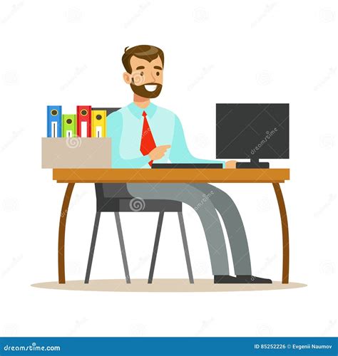 Man Working At His Desk With Computer And Folders Part Of Office