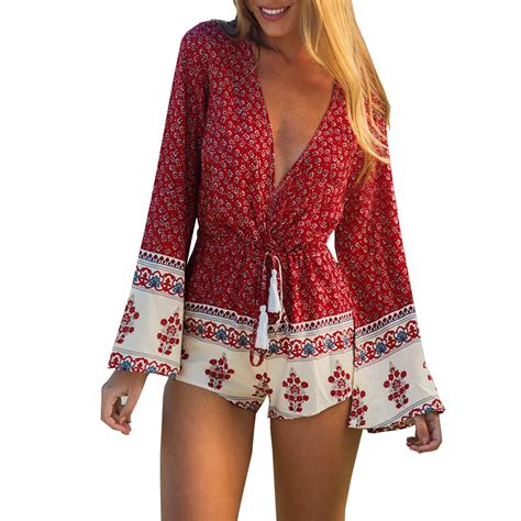 2017 boho red floral print fringe playsuits women elegant summer v neck jumpsuits rompers sexy