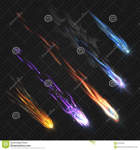 Meteors Comets And Fireballs With Fire Trails Vector Set Stock Vector