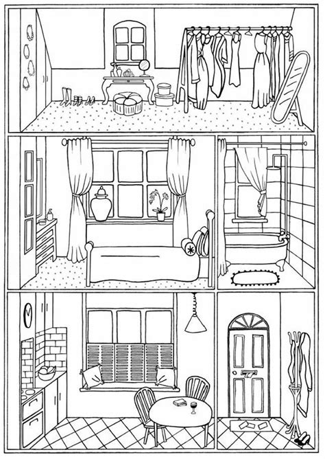 Bundle Of 4 Colouring Pages House Interiors Instant Etsy In 2020