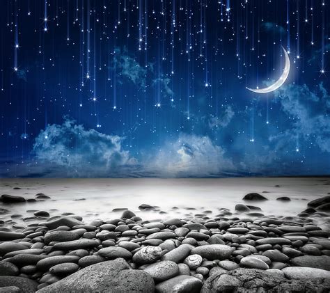 Falling Stars Beach Moon Night Starry Stones Hd Wallpaper Peakpx
