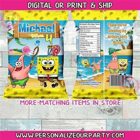 Spongebob Chip Bagswrappers Digital Print Spongebob 1st Birthday