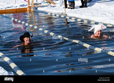 Cold Water Swimmers Swim In The Icy Water Of Lake Memphremagog Near The Canadian Board In